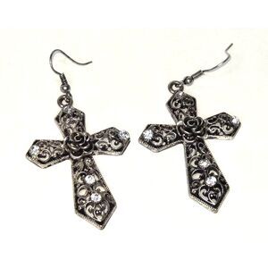 Filigree Rose Rhinestone Cross Earrings